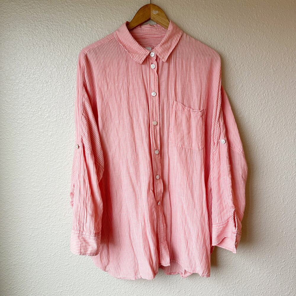 American Eagle Pink Striped Roll Tab Oversized Linen Blend Shirt Small